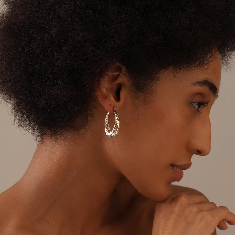 LeCalla Sterling Silver Earring Hoops for Women | Filigree Earrings | 925 Silver Hoop Earrings | Women's Filigree Hoop Earrings | 925 Silver Italian Hoops Earring | Medium Oval Hoop for Women - 32mm - Image 4
