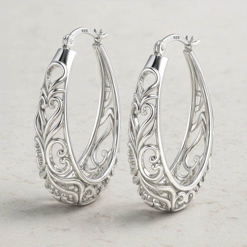 LeCalla Sterling Silver Earring Hoops for Women | Filigree Earrings | 925 Silver Hoop Earrings | Women's Filigree Hoop Earrings | 925 Silver Italian Hoops Earring | Medium Oval Hoop for Women - 32mm - Image 5