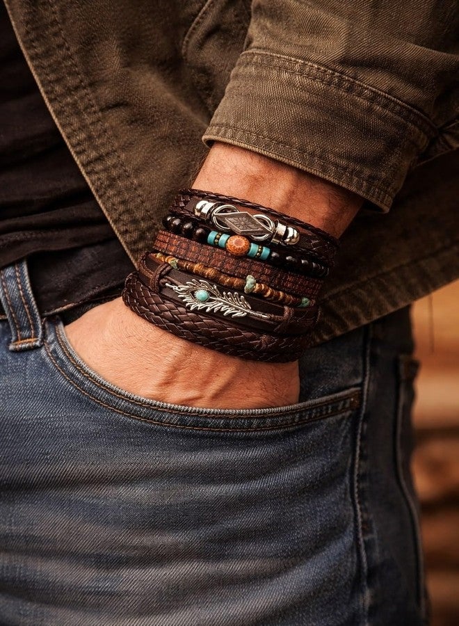 Vientiq Contemporary Casual Wear Set of 6 Multicolor Turquoise Feather Wings Multi-Layer Leather Braided Bracelet for Men/Boys's (Contemporary-7) - Image 2
