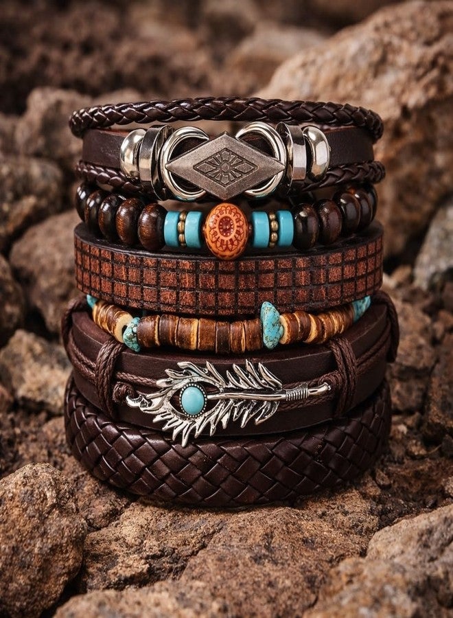 Vientiq Contemporary Casual Wear Set of 6 Multicolor Turquoise Feather Wings Multi-Layer Leather Braided Bracelet for Men/Boys's (Contemporary-7) - Image 3