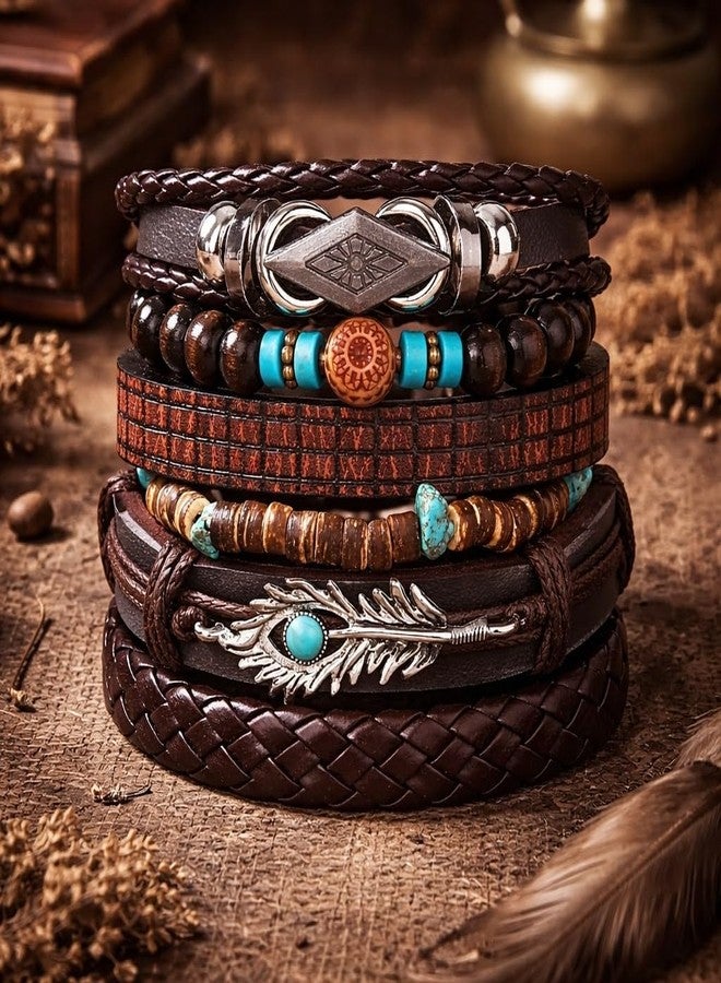 Vientiq Contemporary Casual Wear Set of 6 Multicolor Turquoise Feather Wings Multi-Layer Leather Braided Bracelet for Men/Boys's (Contemporary-7) - Image 4