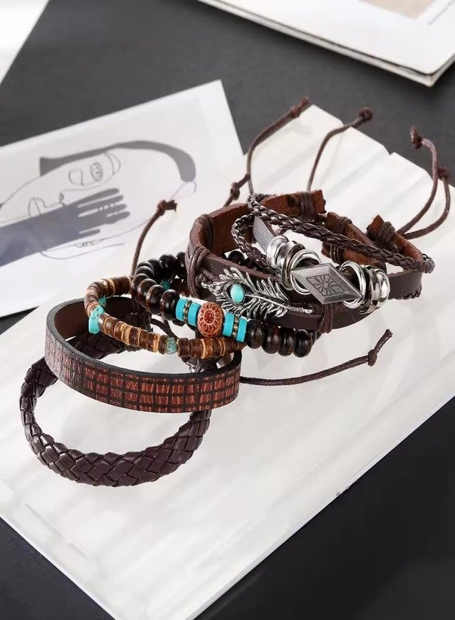 Vientiq Contemporary Casual Wear Set of 6 Multicolor Turquoise Feather Wings Multi-Layer Leather Braided Bracelet for Men/Boys's (Contemporary-7) - Image 5