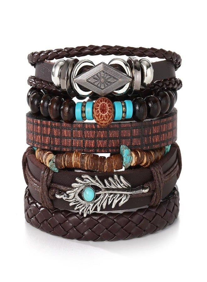 Vientiq Contemporary Casual Wear Set of 6 Multicolor Turquoise Feather Wings Multi-Layer Leather Braided Bracelet for Men/Boys's (Contemporary-7) - Image 1