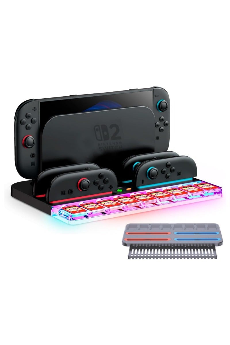 اكسيسن محطة شحن قاعدة شحن لمفتاح نينتندو سويتش 2 / جويكون، شاحن وحدة التحكم مع 8 فتحات لبطاقات الألعاب ومؤشر LED ذكي، ملحقات التبديل مع كابل شحن - Image 1