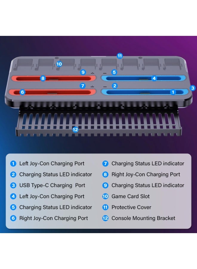 اكسيسن محطة شحن قاعدة شحن لمفتاح نينتندو سويتش 2 / جويكون، شاحن وحدة التحكم مع 8 فتحات لبطاقات الألعاب ومؤشر LED ذكي، ملحقات التبديل مع كابل شحن - Image 5