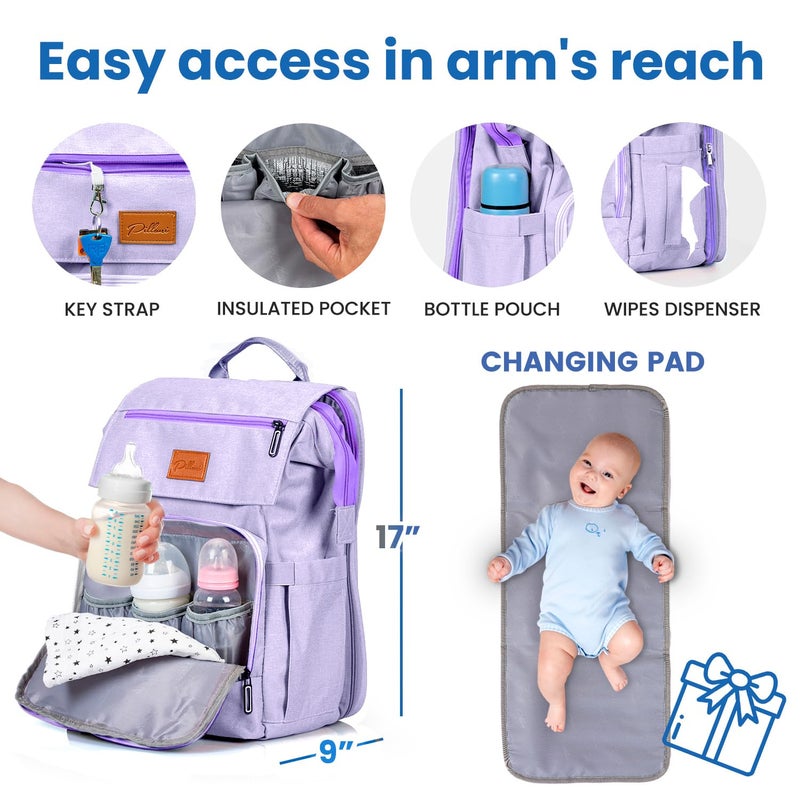 PILLANI Baby Shower Gifts for Mom - Diaper Bag Backpack - 16 Organizer Pockets Baby Diaper Bag w/ Insulated Bottle Holders & Wipes Pocket, Large Capacity Baby Bag Backpack - Waterproof & Easy to Clean, Purple - Image 3