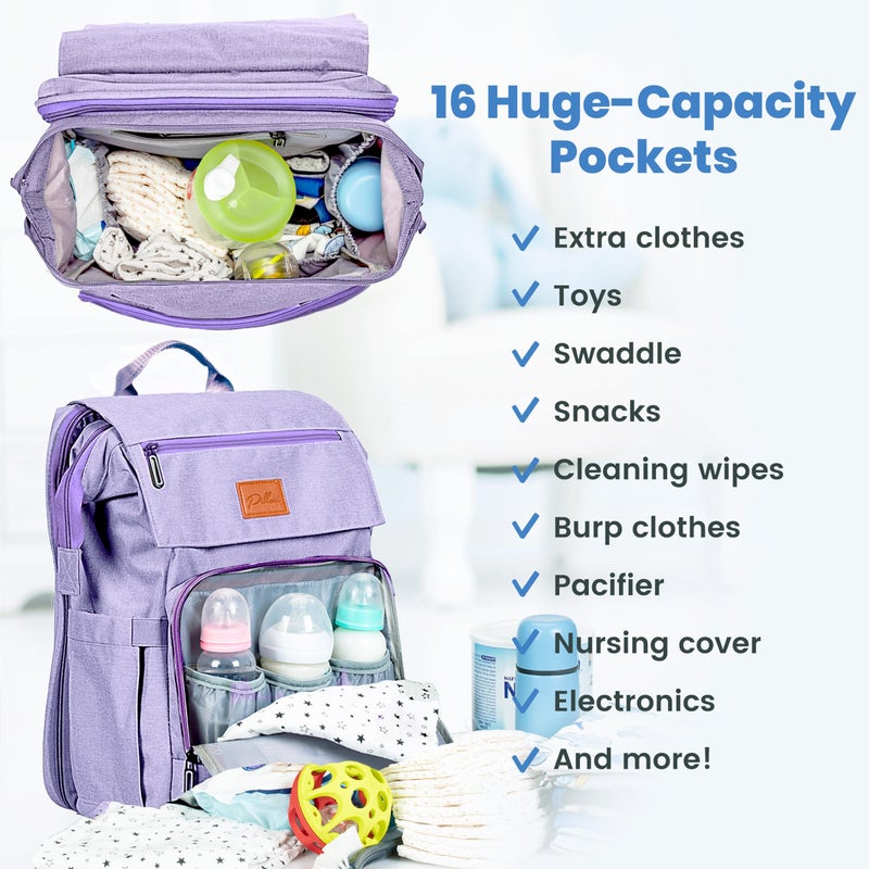 PILLANI Baby Shower Gifts for Mom - Diaper Bag Backpack - 16 Organizer Pockets Baby Diaper Bag w/ Insulated Bottle Holders & Wipes Pocket, Large Capacity Baby Bag Backpack - Waterproof & Easy to Clean, Purple - Image 2