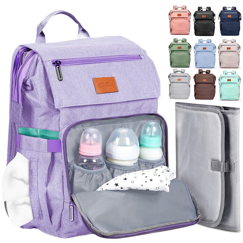 PILLANI Baby Shower Gifts for Mom - Diaper Bag Backpack - 16 Organizer Pockets Baby Diaper Bag w/ Insulated Bottle Holders & Wipes Pocket, Large Capacity Baby Bag Backpack - Waterproof & Easy to Clean, Purple - Image 1