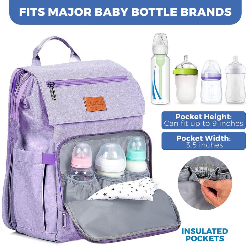 PILLANI Baby Shower Gifts for Mom - Diaper Bag Backpack - 16 Organizer Pockets Baby Diaper Bag w/ Insulated Bottle Holders & Wipes Pocket, Large Capacity Baby Bag Backpack - Waterproof & Easy to Clean, Purple - Image 4