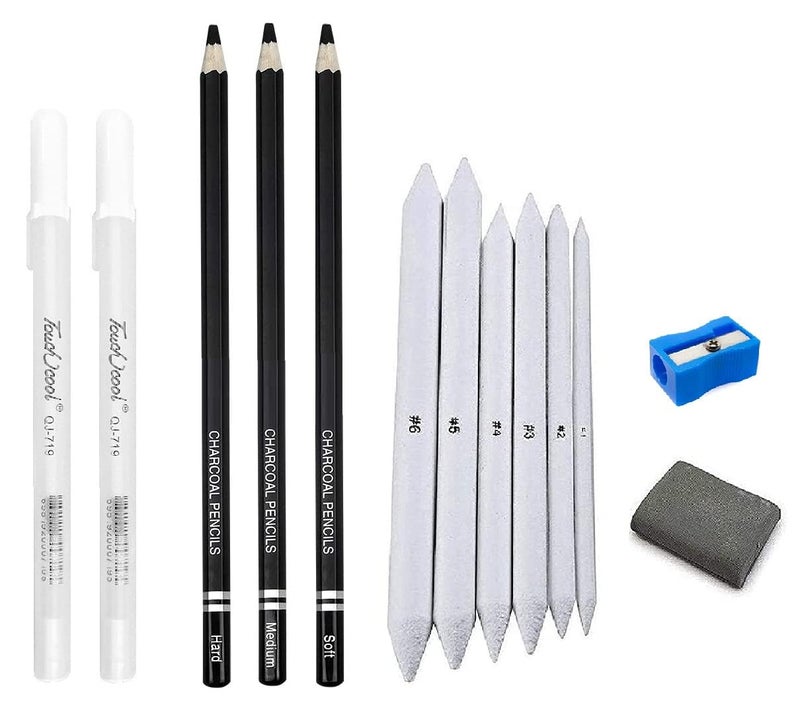 ARROLLIANT Art Black Charcoal Pencils with 0.8MM White Gel Pen,Paper Stump/Art Blender,Kneadable Eraser for Graphite,Charcoal Pencils - Image 1