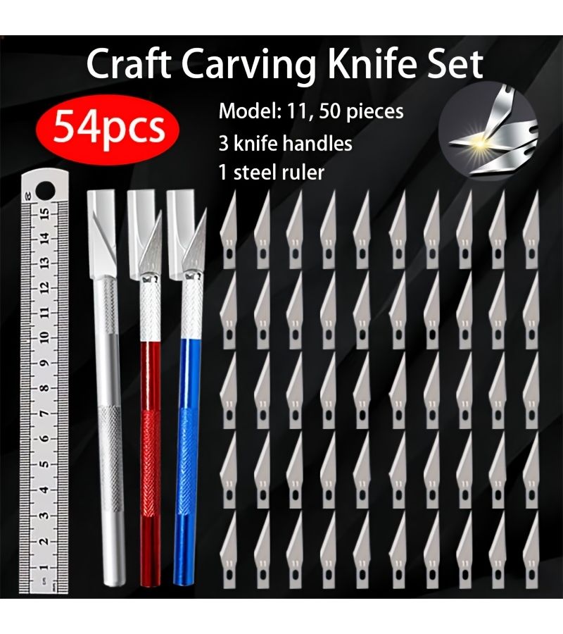 54 Art Carving Knife Set with 50 Blades 3 Handles Ruler Paper Cutter - Image 1