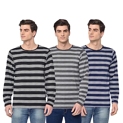 Mack Jonney Cotton Multicolor Fullsleeve Roundneck Printed T-Shirt for Men (Pack of 3)-TT_FS_STR_BLK_Gry_NVY_0_3-M - Image 1