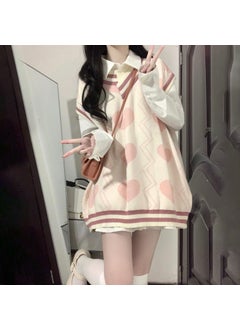 Preppy Style Sweet Cute Heart Color Blocking Knitted Top Sweater Vest Womens White Shirt Two Piece Suit Dress Set [set] love vest + white shirt