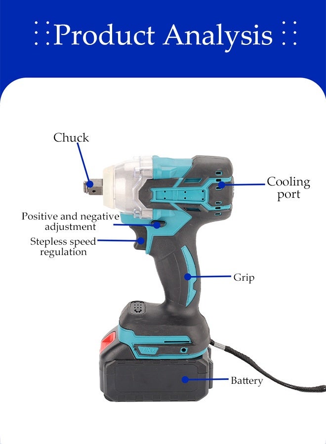 DUNISO مجموعة مفك صدمات لاسلكي عزم دوران عالي مفك صدمات بدون فرشاة قابل لإعادة الشحن كهربائي للأمام والخلف مع بطارية وإكسسوارات متعددة الوظائف لسيارات الشاحنات والإطارات والسقالات - Image 4