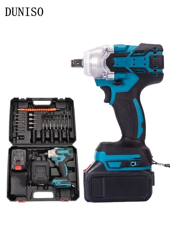 DUNISO مجموعة مفك صدمات لاسلكي عزم دوران عالي مفك صدمات بدون فرشاة قابل لإعادة الشحن كهربائي للأمام والخلف مع بطارية وإكسسوارات متعددة الوظائف لسيارات الشاحنات والإطارات والسقالات - Image 1