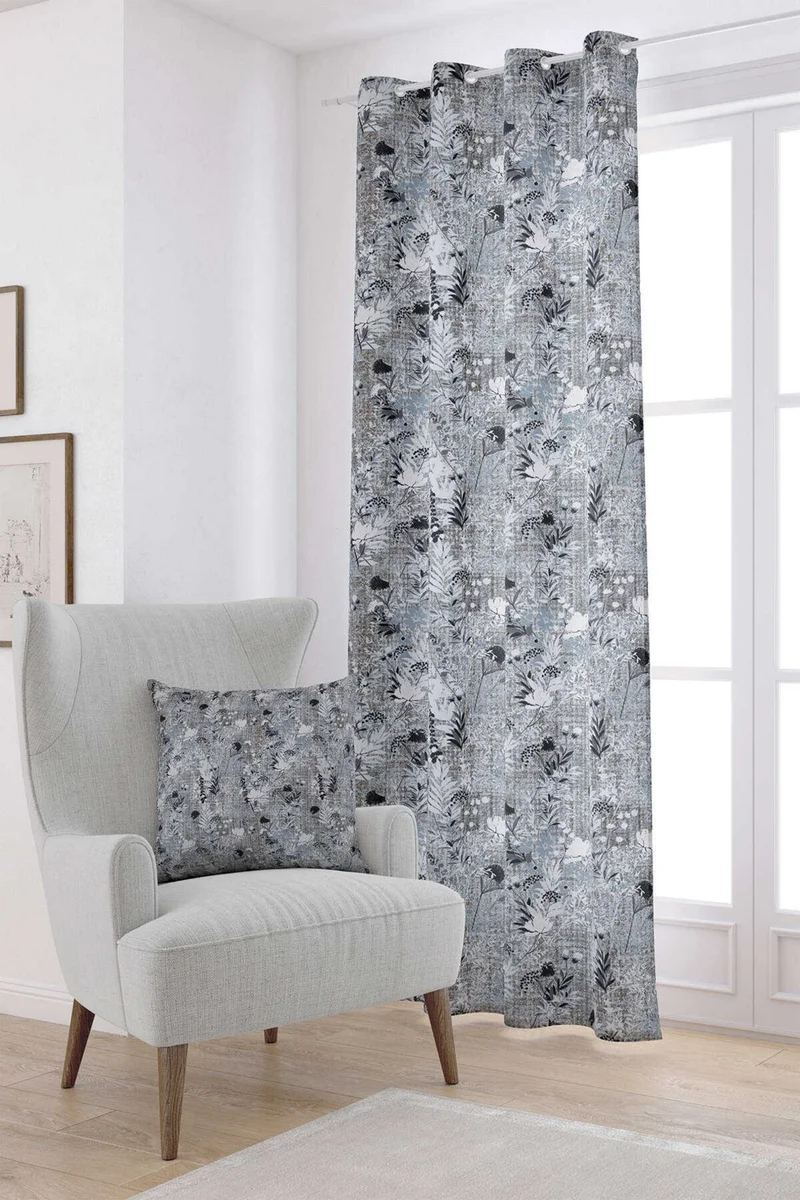 كانغو هوم Gray Black Floral Digital Printed Curtain CGH124-PR