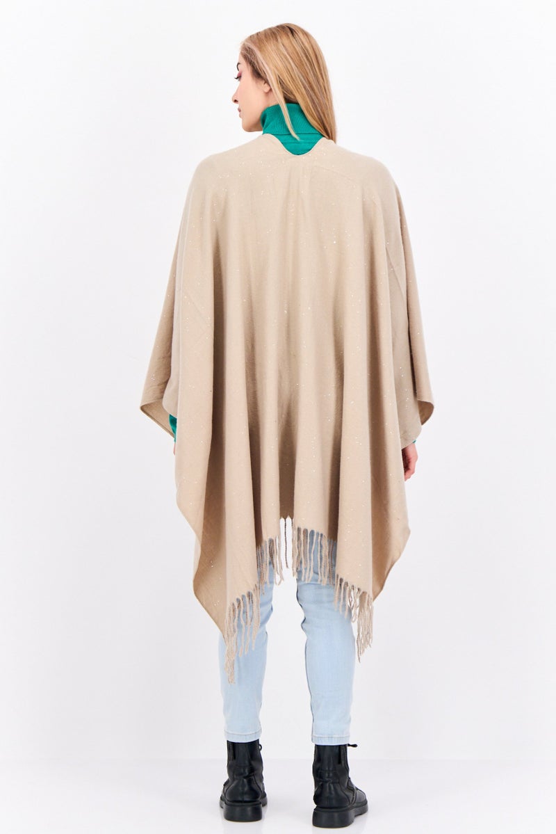 ADRIENNE VITTADINI Women Plain Poncho Sweater, Taupe - Image 3