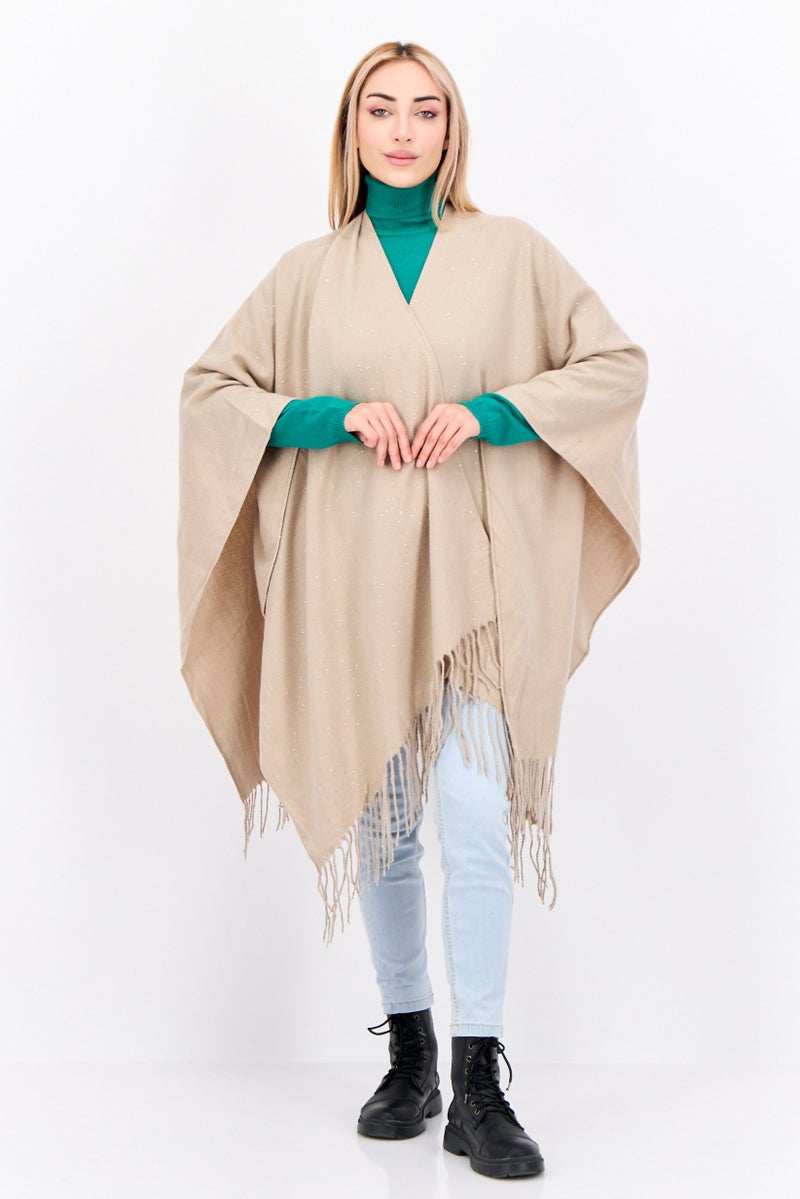 ADRIENNE VITTADINI Women Plain Poncho Sweater, Taupe - Image 4