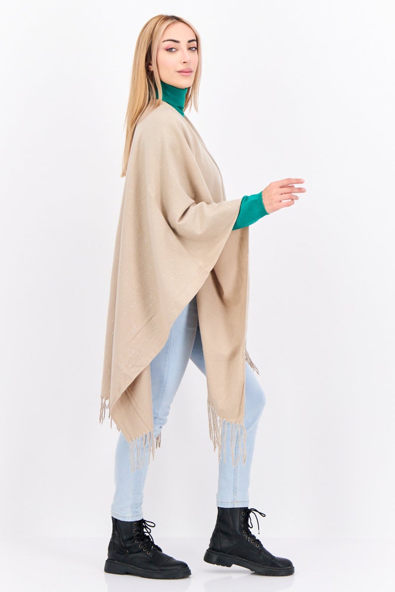 ADRIENNE VITTADINI Women Plain Poncho Sweater, Taupe - Image 2