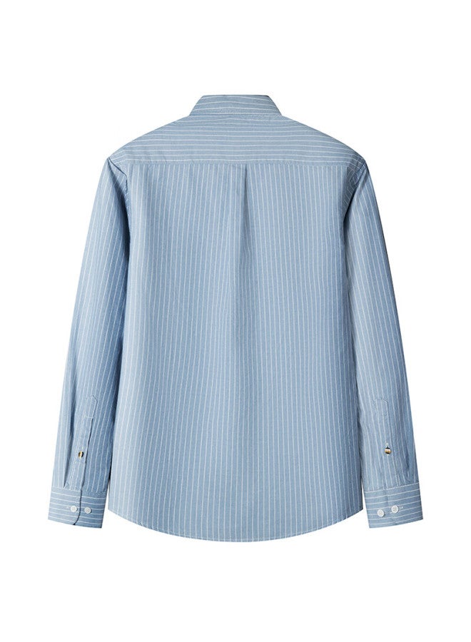Limeng Men's Long-sleeve Shirt, Business Casual, Pure Cotton, Wrinkle-free, Striped Formal Shirt, Blue Stripes, Size 42 - Image 1