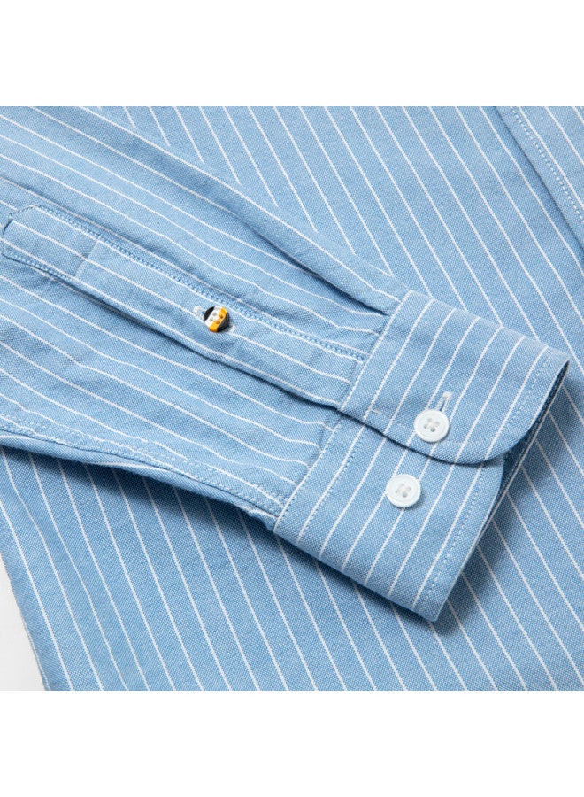 Limeng Men's Long-sleeve Shirt, Business Casual, Pure Cotton, Wrinkle-free, Striped Formal Shirt, Blue Stripes, Size 42 - Image 3