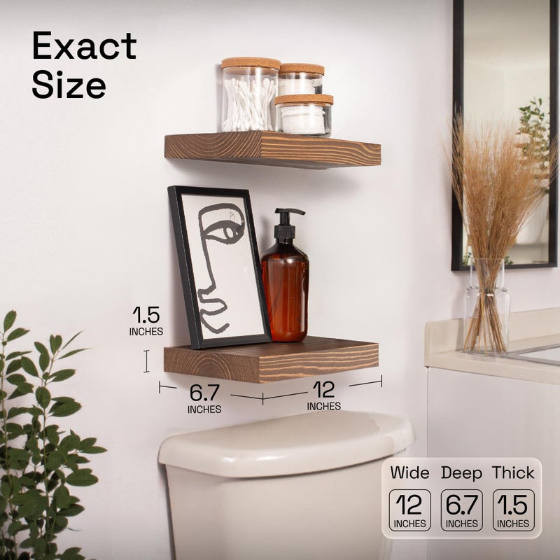 BAOBAB WORKSHOP Solid Wood Floating Shelves for Wall 12 Inch Wide, Small Wooden Shelf Kitchen, Bathroom Shelves for Room Wall Mounted Rustic Farmhouse, Walnut Floating Shelves, 12W Ã— 6.7D, Set of 2 - Image 3