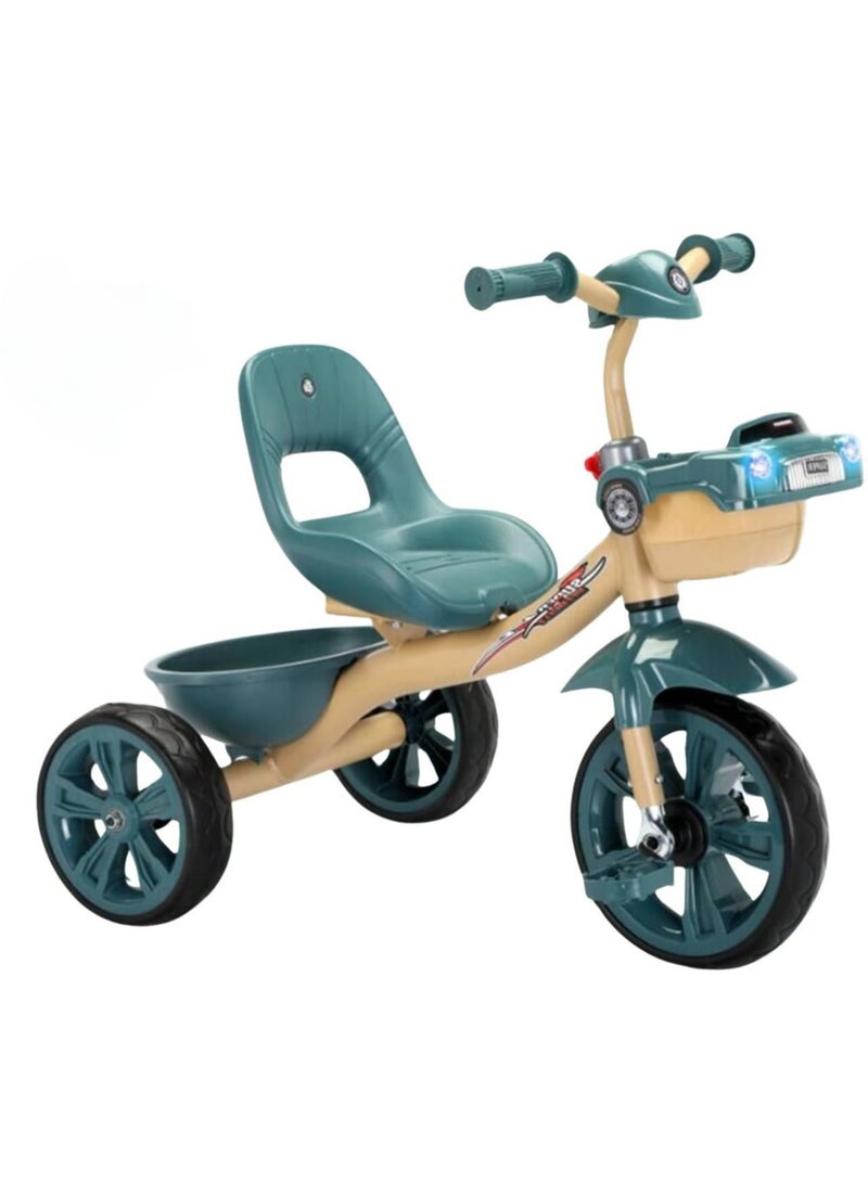 راجة ثلاثية العجلات للأطفال، دراجة أطفال مزودة بإضاءة وموسيقى، مع سلة تخزين خلفية و3 عجلات، دراجة أطفال مناسبة للأولاد والبنات من عمر سنتين إلى خمس سنوات