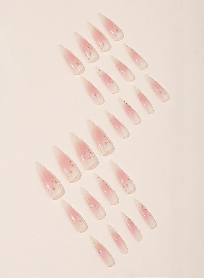 MISUD Press on Nails - Long Stiletto Glue on Nails with Pink Ombre, Acrylic Star Design 24 pcs - Image 3