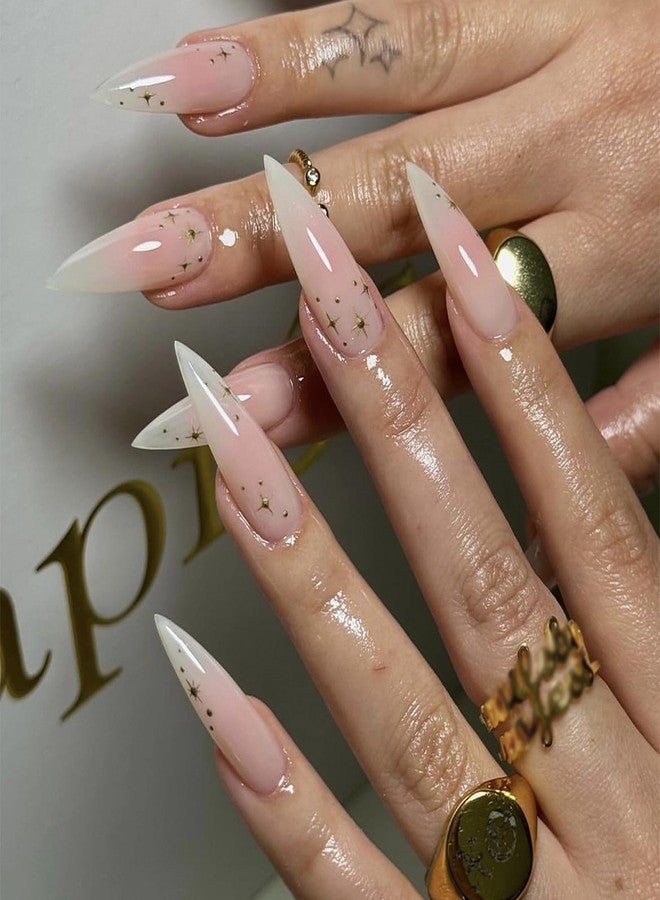MISUD Press on Nails - Long Stiletto Glue on Nails with Pink Ombre, Acrylic Star Design 24 pcs - Image 1