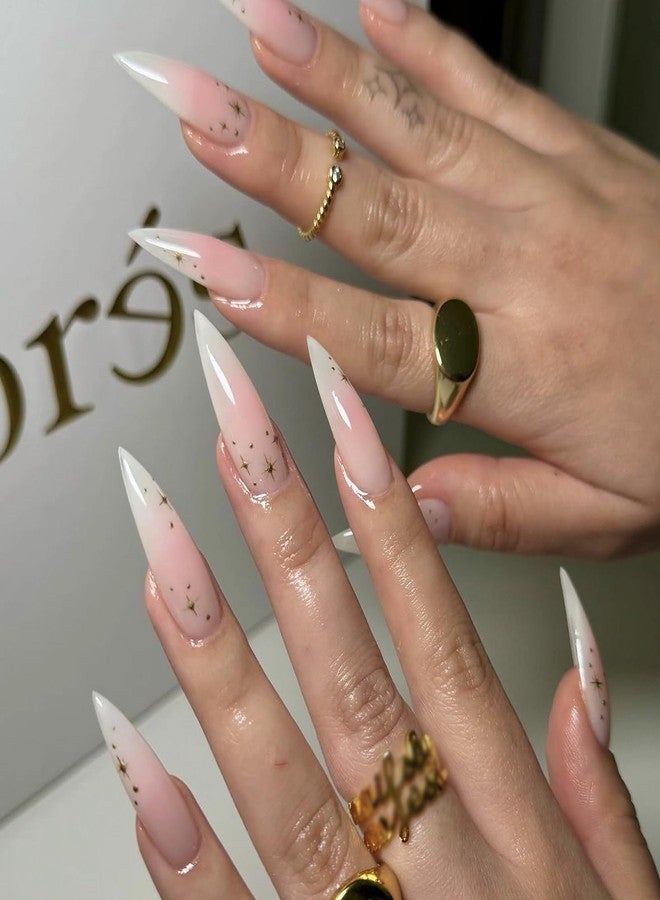 MISUD Press on Nails - Long Stiletto Glue on Nails with Pink Ombre, Acrylic Star Design 24 pcs - Image 2