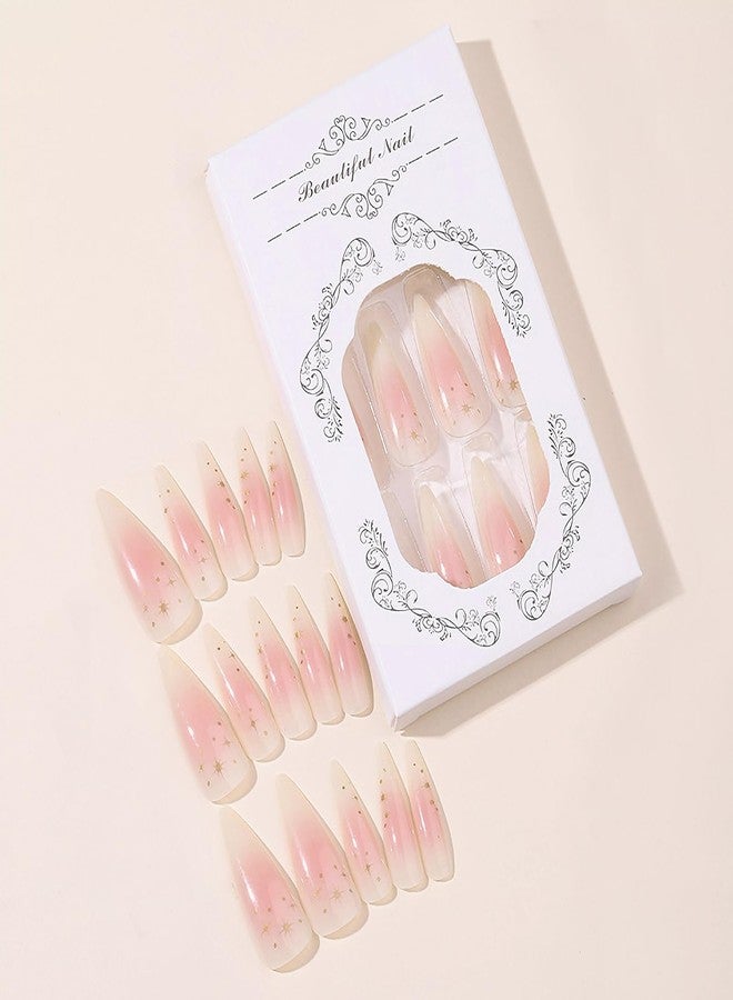 MISUD Press on Nails - Long Stiletto Glue on Nails with Pink Ombre, Acrylic Star Design 24 pcs - Image 4