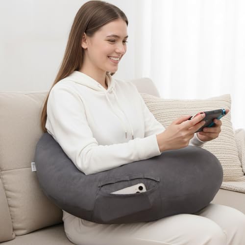 ENITYA Extra Large Ergonomic Gaming Reading Pillow with Arm Elbow SupportUShaped Lap Pillow for CrochetingKnittingNursingWorkingor Sitting in Bed or SofaWashable Faux Suede Cover Grey - Image 1