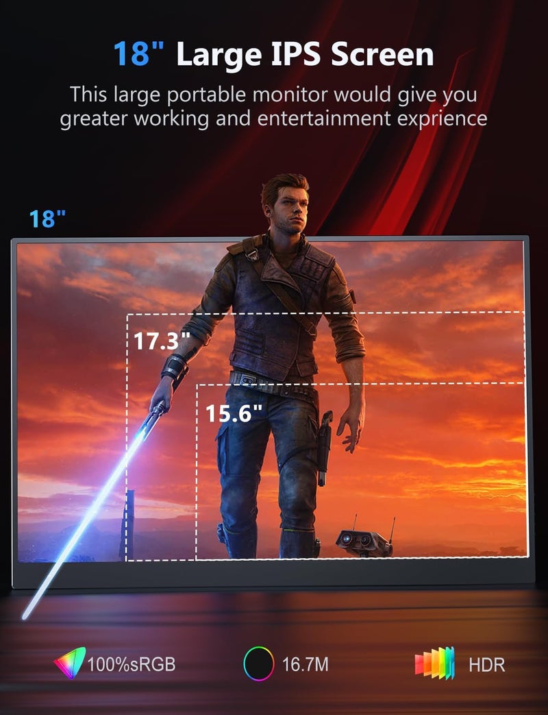 MagicRaven Portable Gaming Monitor, 18" 2.5K 144Hz VESA Laptop Screen, Dual USB C HDMI Second Computer Display with Speakers, Travel Monitor for PS4/5 Xbox Switch MAC PC Phone - Image 4