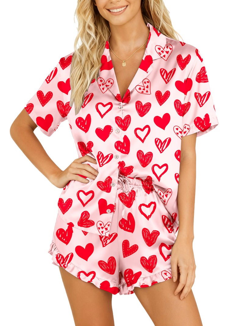 CAZYCHILD Valentines Pajamas Sets for Women Pjs Short Sleeve Top and Shorts Loungewear 2 Pcs Set Button Down Sleepwear - Image 1