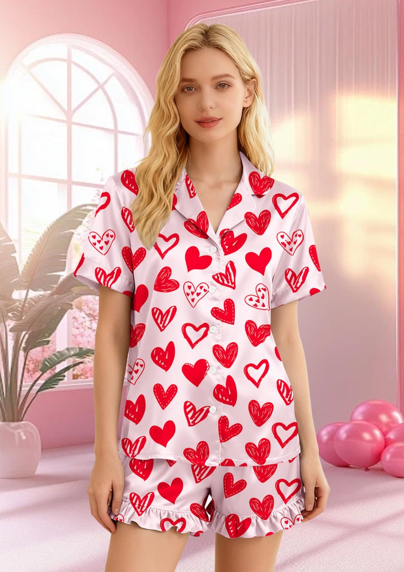 CAZYCHILD Valentines Pajamas Sets for Women Pjs Short Sleeve Top and Shorts Loungewear 2 Pcs Set Button Down Sleepwear - Image 2