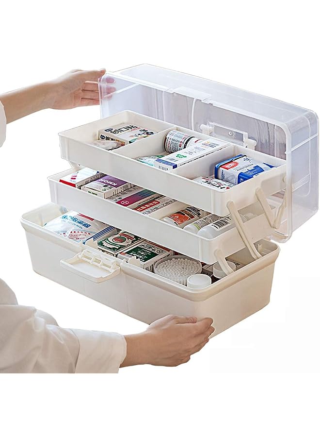 Raxoom aid kit, three-layer plastic medicine storage cabinet, portable transparent medicine folding storage box with lock and handle, 14.6x7.5x7.1in - Image 1