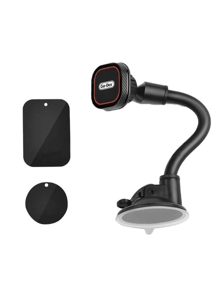 جو-ديز حامل جوال مغناطيسي للسيارة من جو-ديس (Go-Des) بمقبض مرن وقاعدة شفط قوية للزجاج والطبلون - أسود (موديل GD-HD653) - Image 2