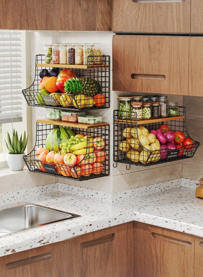 WALALLA Extra Large Fruit & Vegetable Basket 3-Pack with Wood Lid, Stackable Metal Wire Bin for Onion & Potato Storage, Countertop & Wall Mounted Pantry Organizer - Image 1