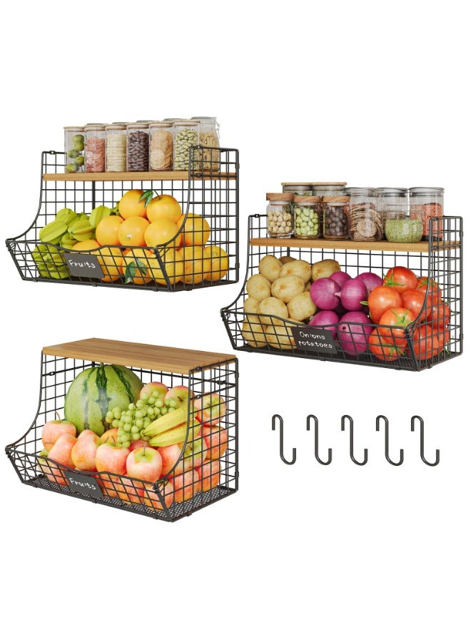 WALALLA Extra Large Fruit & Vegetable Basket 3-Pack with Wood Lid, Stackable Metal Wire Bin for Onion & Potato Storage, Countertop & Wall Mounted Pantry Organizer - Image 5