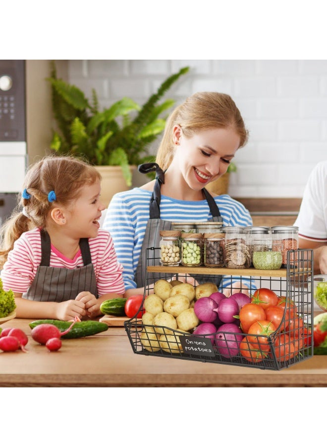 WALALLA Extra Large Fruit & Vegetable Basket 3-Pack with Wood Lid, Stackable Metal Wire Bin for Onion & Potato Storage, Countertop & Wall Mounted Pantry Organizer - Image 4