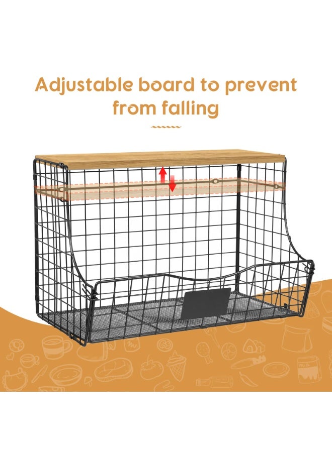 WALALLA Extra Large Fruit & Vegetable Basket 3-Pack with Wood Lid, Stackable Metal Wire Bin for Onion & Potato Storage, Countertop & Wall Mounted Pantry Organizer - Image 3