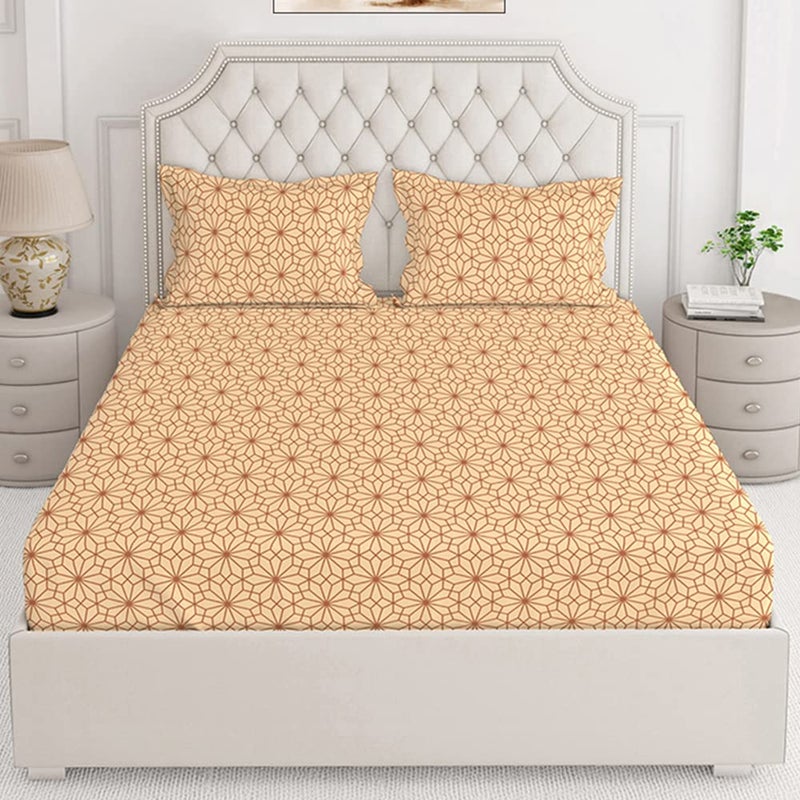 Layers California Bedsheet Set for All Seasons Lightweight Moisture Absorbent Machine Washable Easy to Care 225 CVC King Size Brown Geometry Pattern