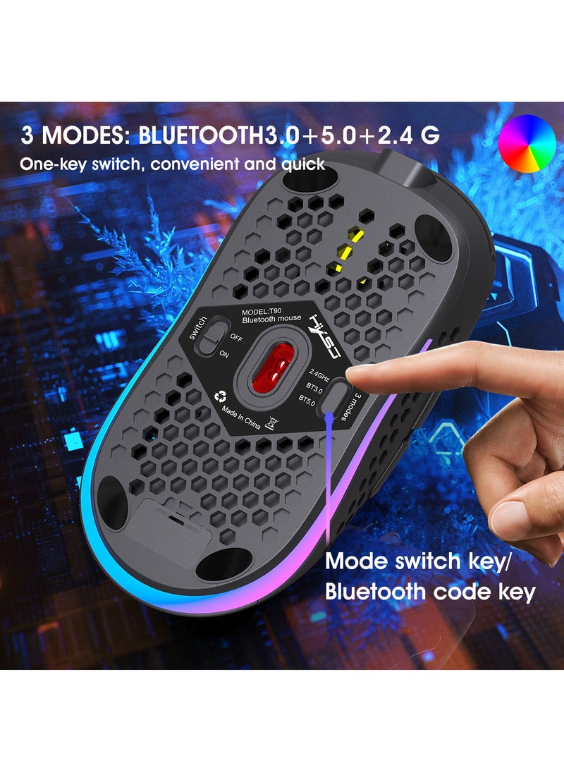 إتش إكس إس جيه - ماوس ألعاب لاسلكي بتقنية البلوتوث، ماوس إضاءة RGB، مع 5 نقاط في البوصة قابلة للتعديل، 6 أزرار، هيكل قرص العسل خفيف الوزن، لأجهزة الكمبيوتر المحمولة والمكتبية، أسود - Image 1