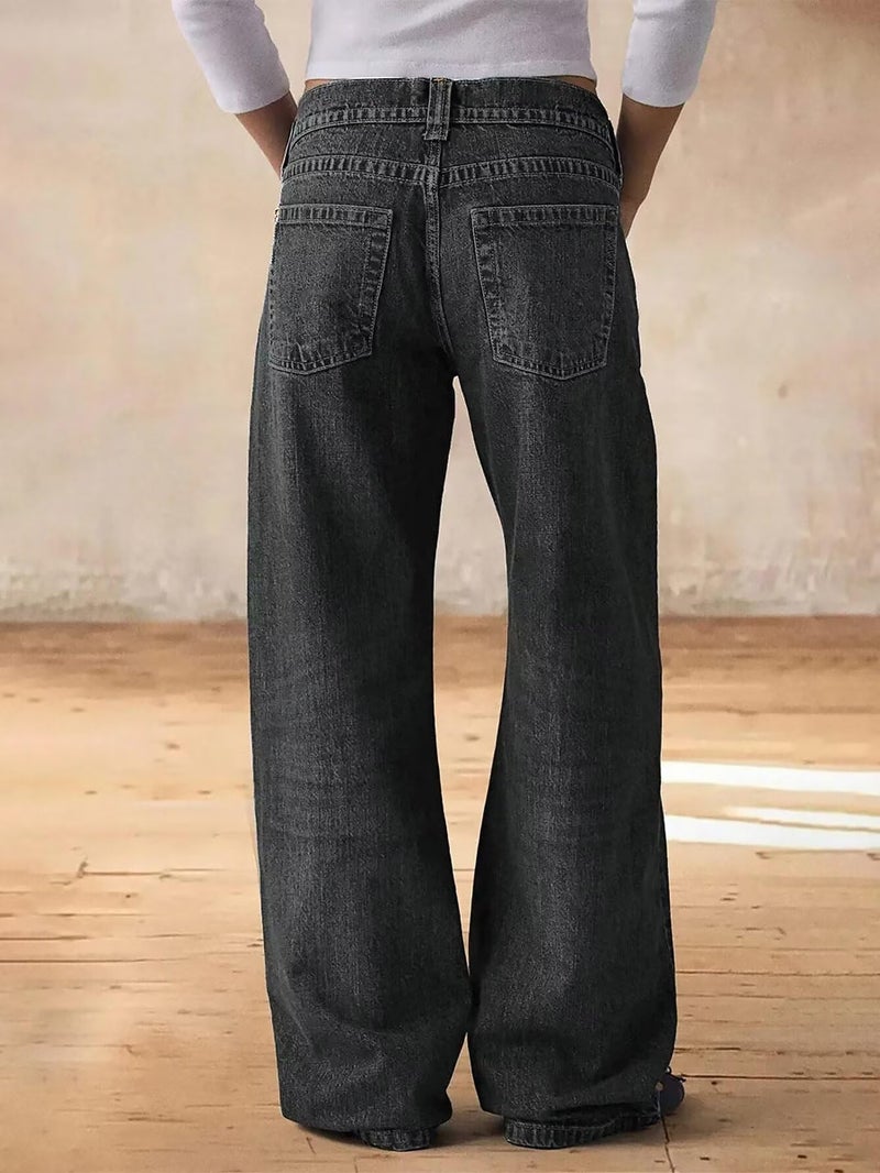 Flamingals Wide Leg Jeans for Women Mid Waist Baggy Stitch Decor Denim Washed Pants Without Belt Black Wash L - Image 5