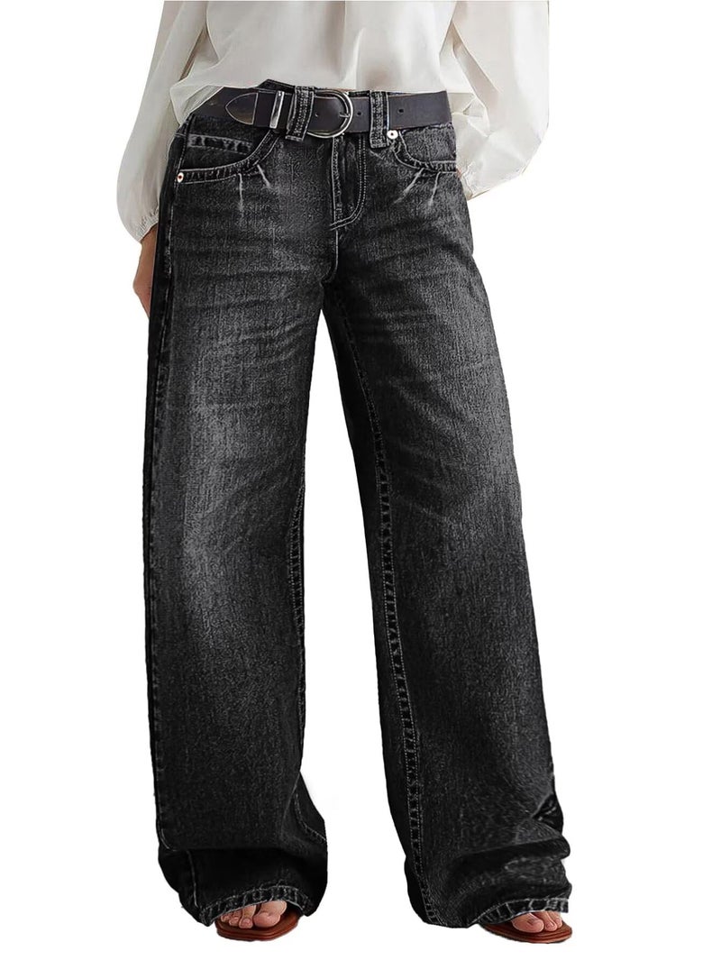 Flamingals Wide Leg Jeans for Women Mid Waist Baggy Stitch Decor Denim Washed Pants Without Belt Black Wash L - Image 1
