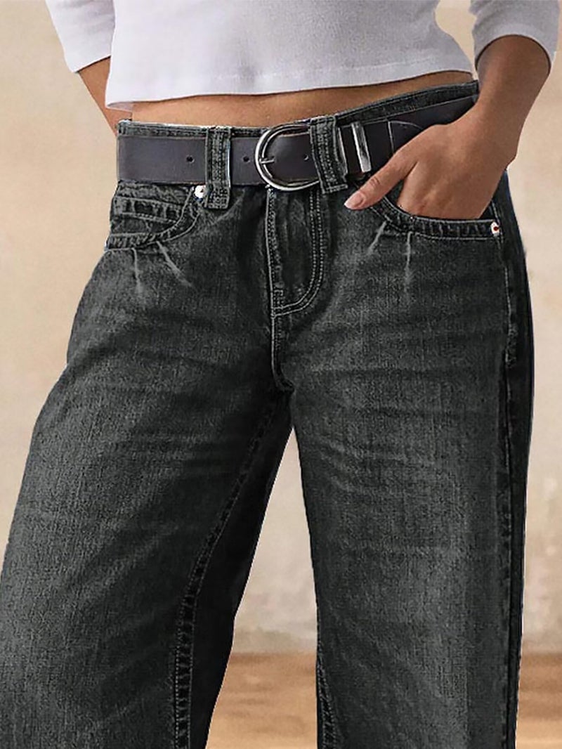 Flamingals Wide Leg Jeans for Women Mid Waist Baggy Stitch Decor Denim Washed Pants Without Belt Black Wash L - Image 2