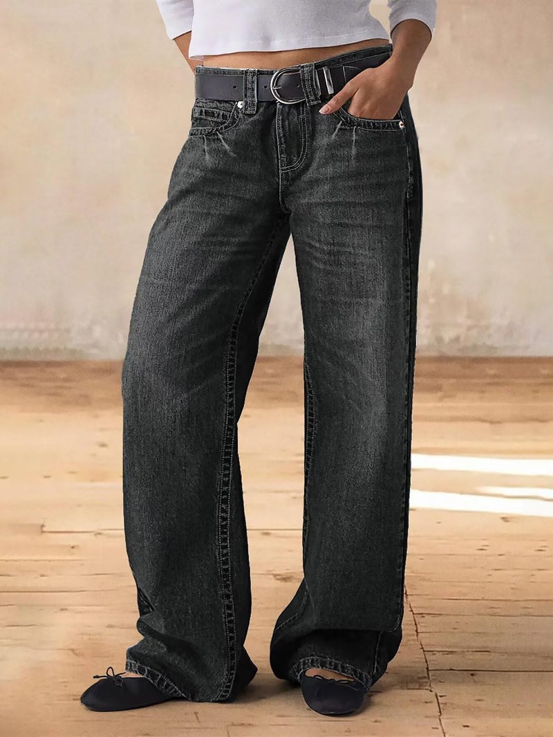Flamingals Wide Leg Jeans for Women Mid Waist Baggy Stitch Decor Denim Washed Pants Without Belt Black Wash L - Image 3