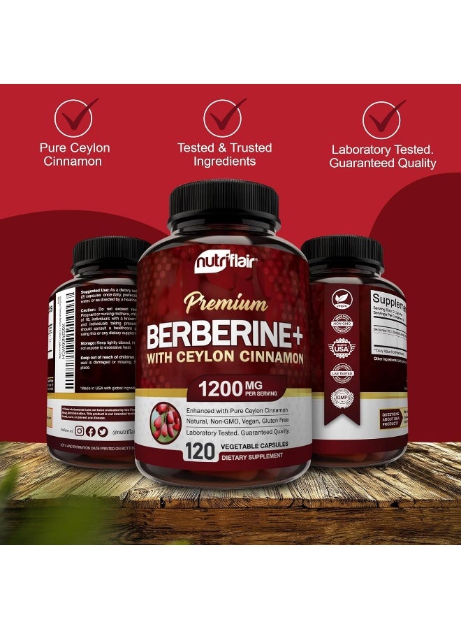 NutriFlair Premium Berberine Hcl 1200Mg, 120 Capsules - Plus Pure True Ceylon Cinnamon 