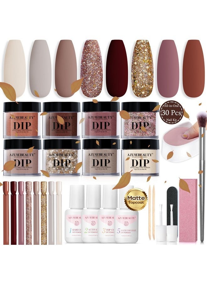 AZUREBEAUTY 30Pcs Dip Powder Nail Kit Starter With Nail Sticks, 8 Colors Fall Winter Nude Brown Glitter, Dipping Powder Liquid Set With Matte/Base/Top Coat Activator For French Manicure Salon  - Image 1