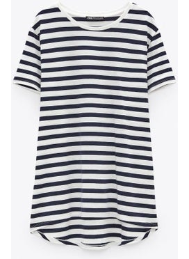 Escbutik Women's Regular Fit Crew Neck Short Sleeve T-Shirt Navy Blue White  - Image 1